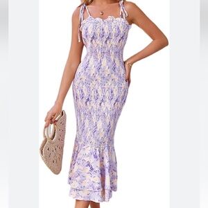 Grace Karin N.W.T. SZ Large Midi Maternity Dress.Lavender Floral Ruffle Mermaid